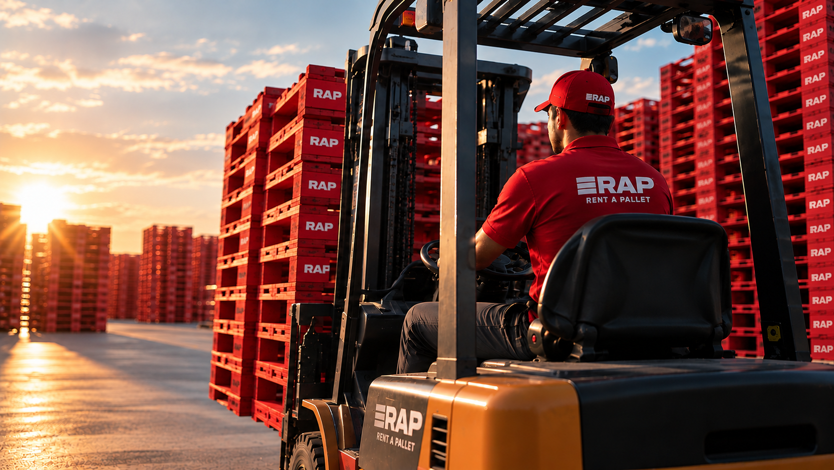 Operador RAP conduciendo un montacargas entre pallets